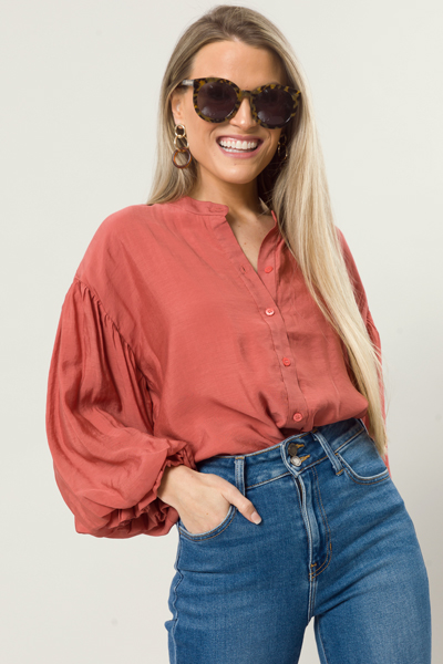 Puff Sleeve Buttoned Top, Rust