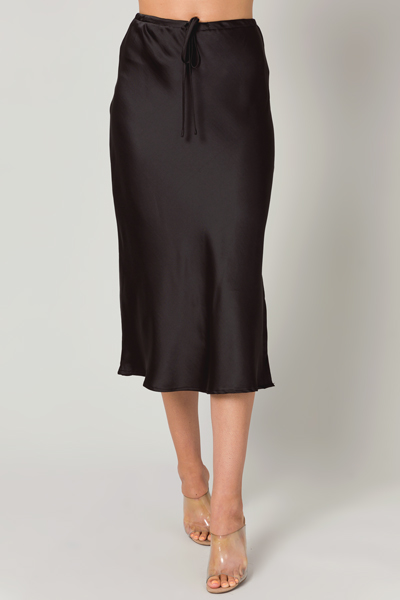 Satin Draw Waist Midi Skirt, Black