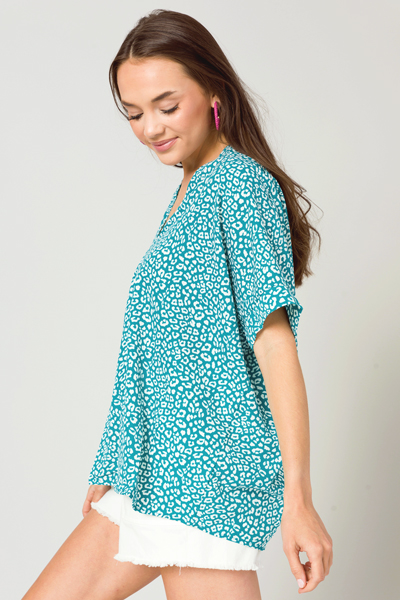 Boxy Blouse, Teal Leopard