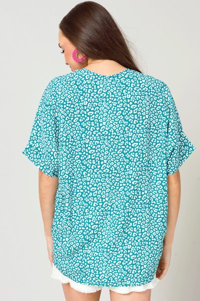 Boxy Blouse, Teal Leopard