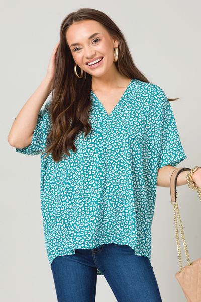 Boxy Blouse, Teal Leopard