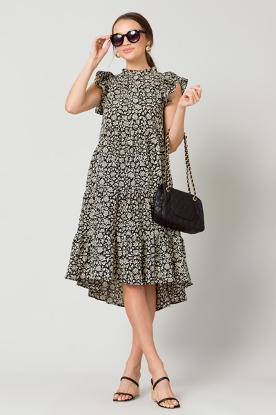 Maggie Tiered Midi, Black Floral