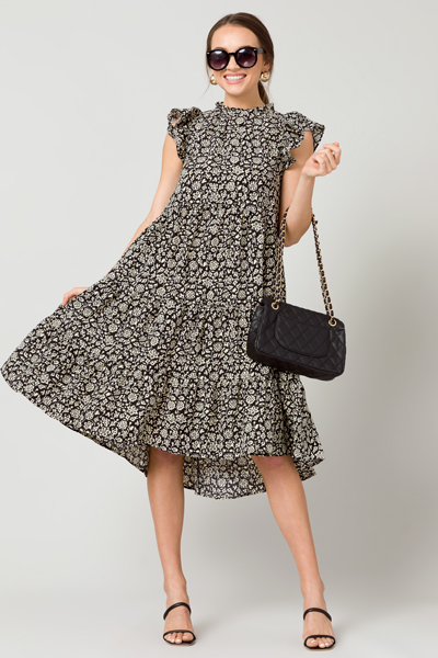 Maggie Tiered Midi, Black Floral
