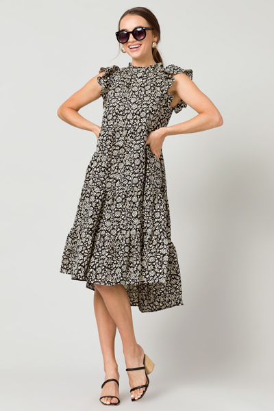 Maggie Tiered Midi, Black Floral