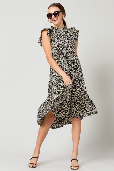 Maggie Tiered Midi, Black Floral