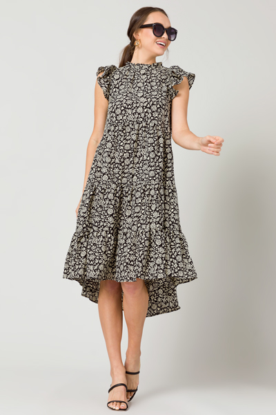 Maggie Tiered Midi, Black Floral