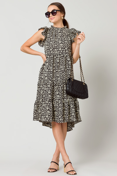 Maggie Tiered Midi, Black Floral