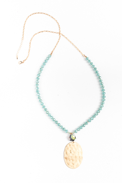Hammered Oval & Bead Necklace, Mint