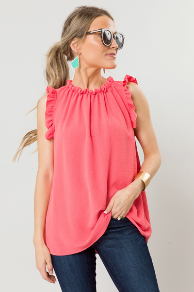 Solid Ruffle Tank, Coral