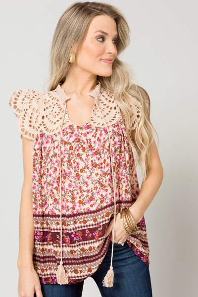 Floral Eyelet Top, Taupe