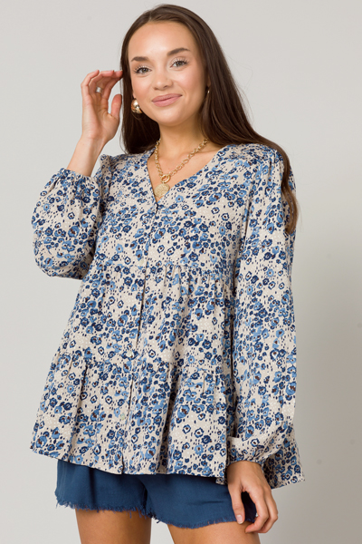 Blue Floral Tiered Tunic, Beige - 3/4 & Long Sleeve - Tops - The Blue ...
