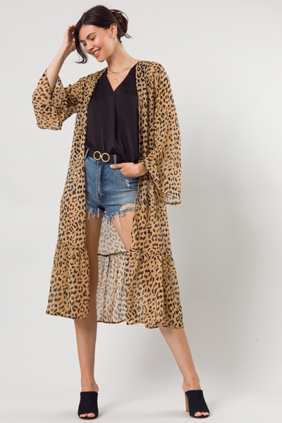 Leopard Ruffle Hem Duster, Taupe