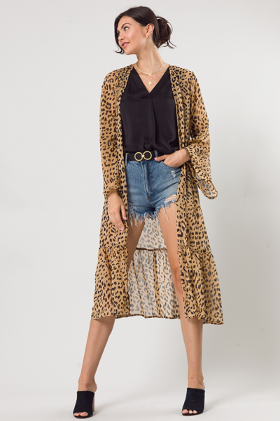 Leopard Ruffle Hem Duster, Taupe