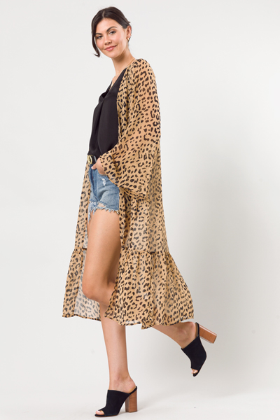Leopard Ruffle Hem Duster, Taupe