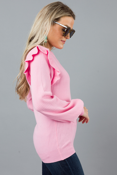 Ruffle Shoulder Rib Sweater, Cool Pink