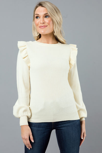 Ruffle Shoulder Rib Sweater, Ivory