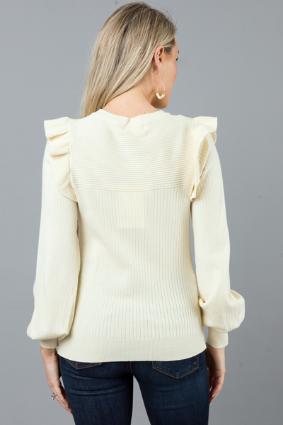 Ruffle Shoulder Rib Sweater, Ivory