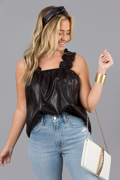 Leather Ruffle Tank, Black