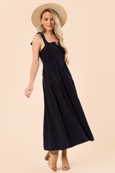 Linen Solid Smock Maxi, Navy