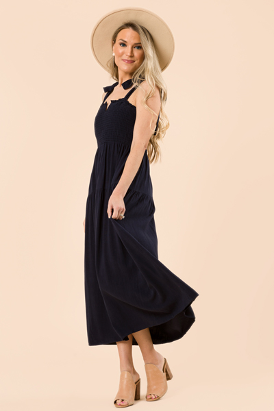 Linen Solid Smock Maxi, Navy