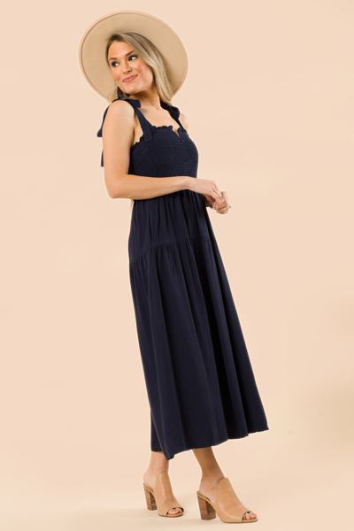 Linen Solid Smock Maxi, Navy