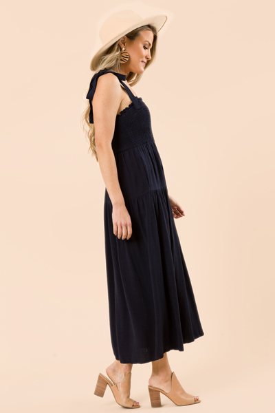 Linen Solid Smock Maxi, Navy