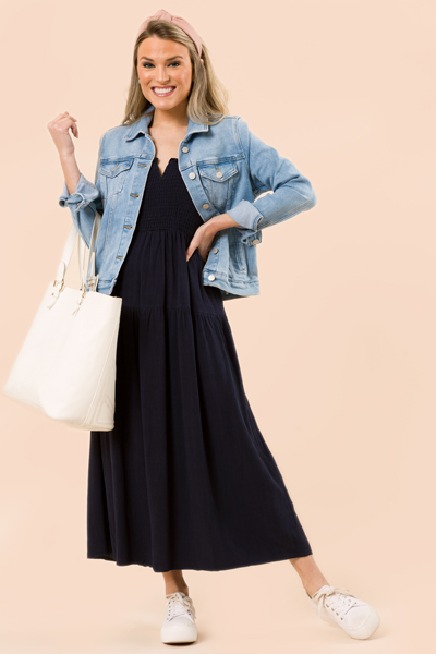 Linen Solid Smock Maxi, Navy