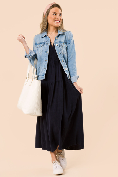 Linen Solid Smock Maxi, Navy