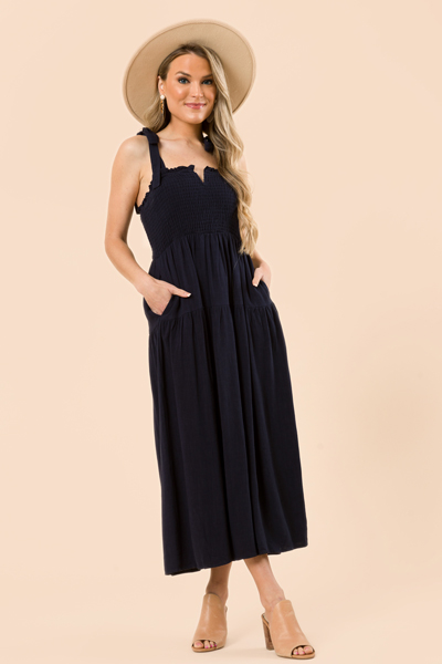 Linen Solid Smock Maxi, Navy