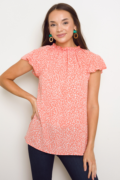 Crepe Leopard Ruffle Top, Coral