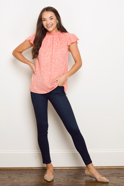 Crepe Leopard Ruffle Top, Coral