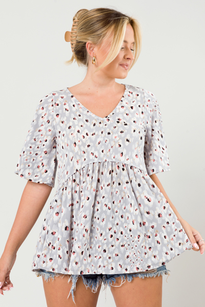 Abstract Slinky Babydoll Top, Grey