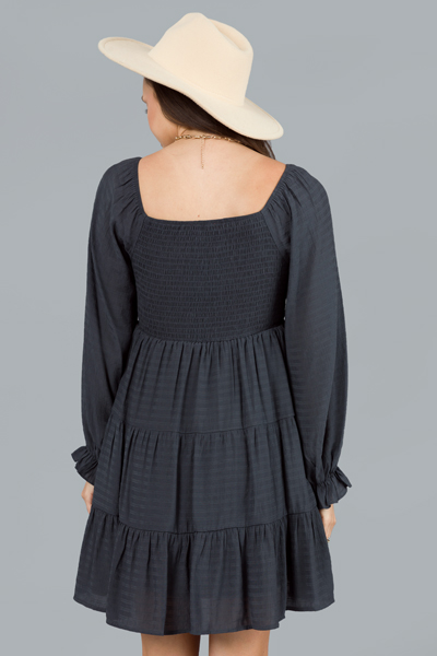 Riley Smocked LS Dress, Charcoal