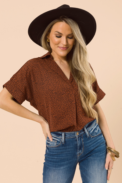 Sophisticated Leopard Blouse, Rust