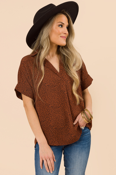 Sophisticated Leopard Blouse, Rust