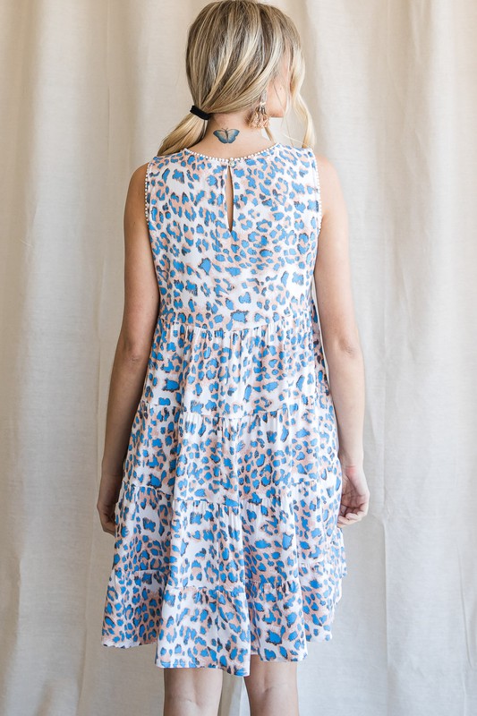 Dot Trim Cheetah Dress, Blue