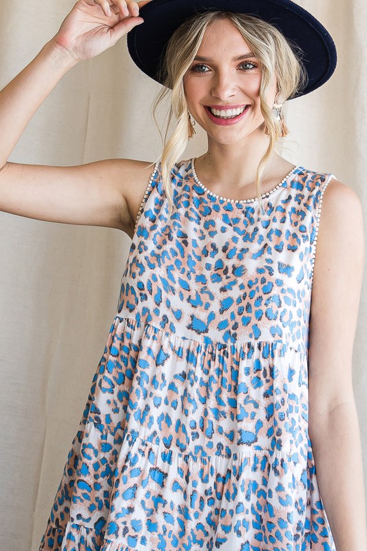 Dot Trim Cheetah Dress, Blue