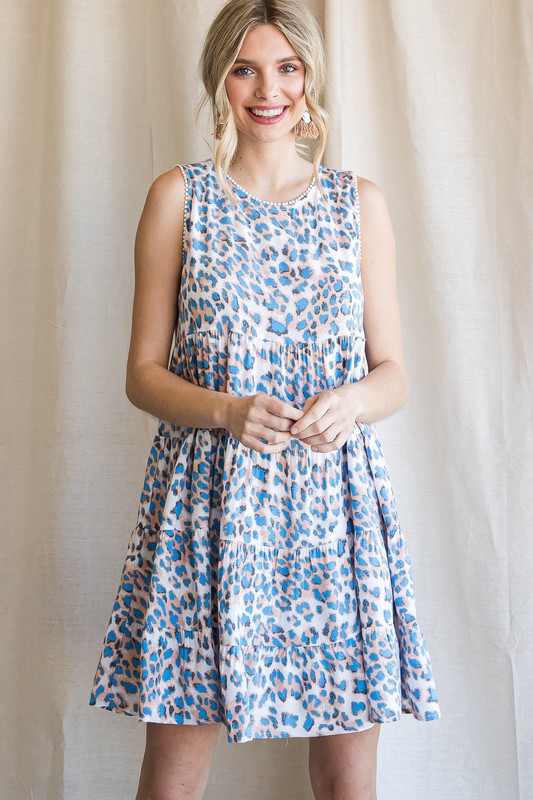 Dot Trim Cheetah Dress, Blue