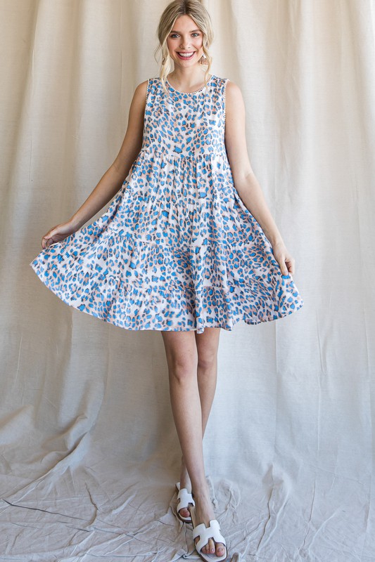 Dot Trim Cheetah Dress, Blue