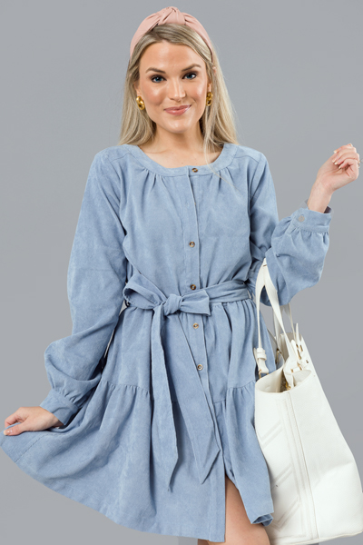 Belted Corduroy Dress, Dusty Blue