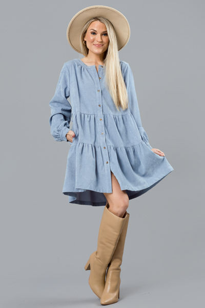 Belted Corduroy Dress, Dusty Blue