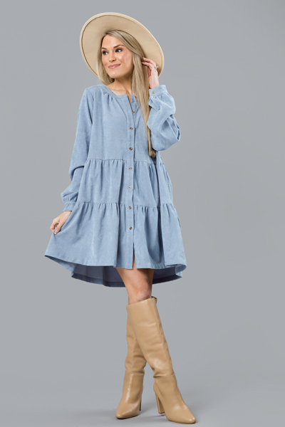Belted Corduroy Dress, Dusty Blue