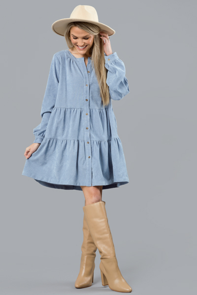 Belted Corduroy Dress, Dusty Blue