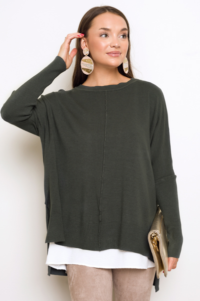 Solid Hi-Lo Sweater, Dark Green