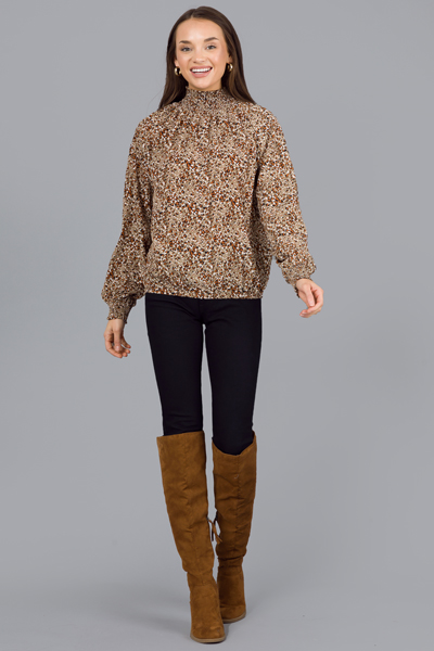 Leopard Smock Neck Blouse, Dark Taupe