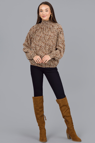 Leopard Smock Neck Blouse, Dark Taupe