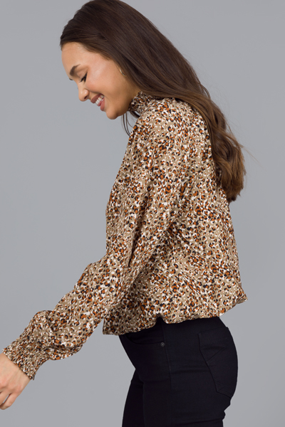 Leopard Smock Neck Blouse, Dark Taupe