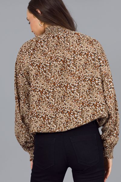 Leopard Smock Neck Blouse, Dark Taupe