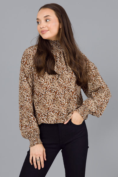 Leopard Smock Neck Blouse, Dark Taupe