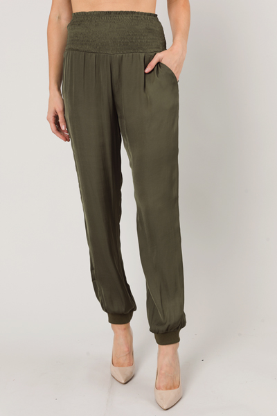 Silky Smocked Joggers, Olive